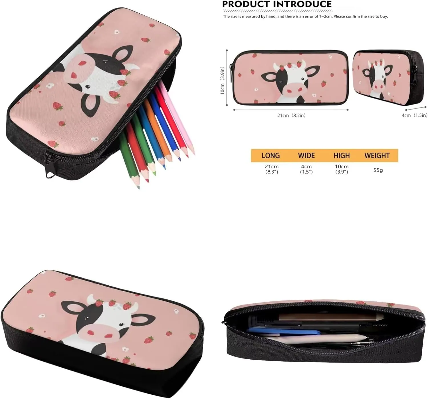 Cow Cute Middle School Backpacks for Girls Strawberry School Bag 4Pcs School Bag Set School Backpack for Girls Kids' Backpacks with Bento Lunch Box Containers Pencil Case