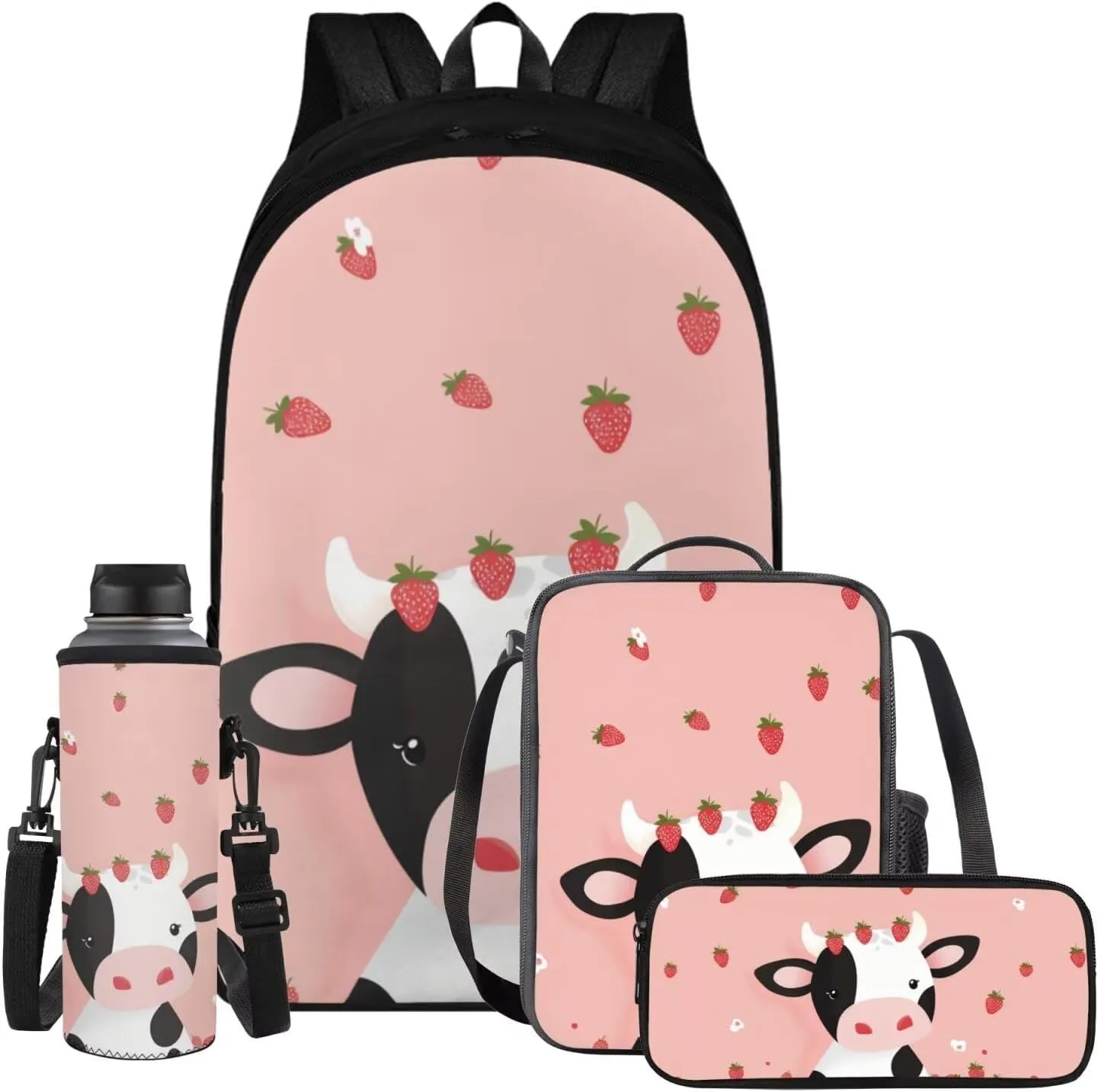 Cow Cute Middle School Backpacks for Girls Strawberry School Bag 4Pcs School Bag Set School Backpack for Girls Kids' Backpacks with Bento Lunch Box Containers Pencil Case