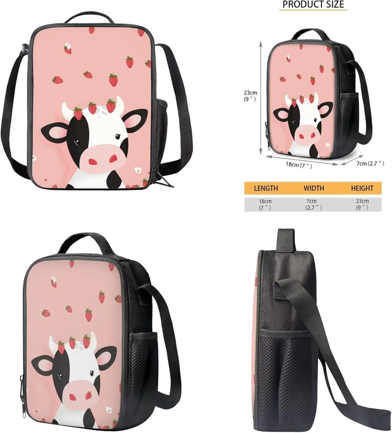 Cow Cute Middle School Backpacks for Girls Strawberry School Bag 4Pcs School Bag Set School Backpack for Girls Kids' Backpacks with Bento Lunch Box Containers Pencil Case