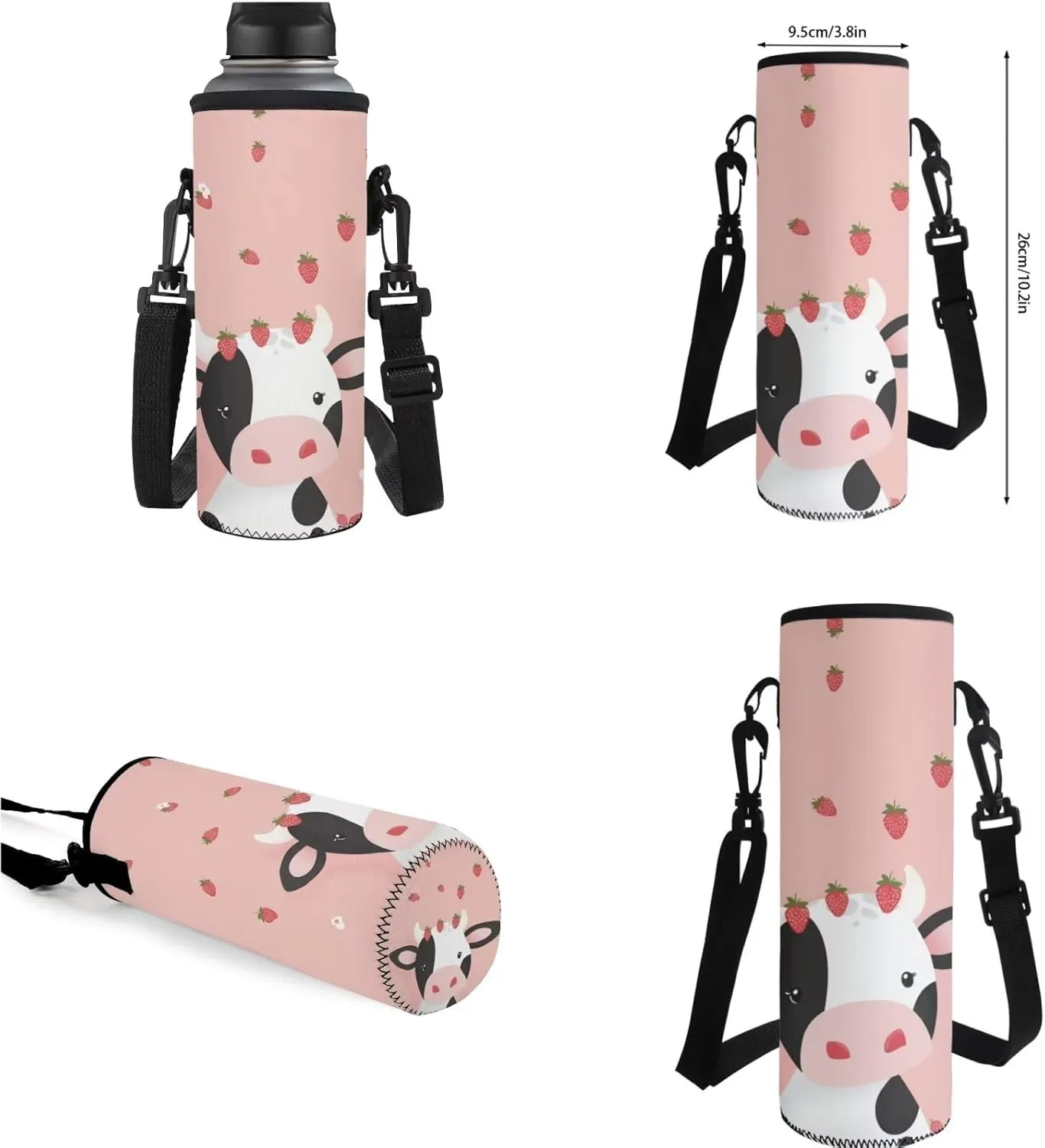 Cow Cute Middle School Backpacks for Girls Strawberry School Bag 4Pcs School Bag Set School Backpack for Girls Kids' Backpacks with Bento Lunch Box Containers Pencil Case