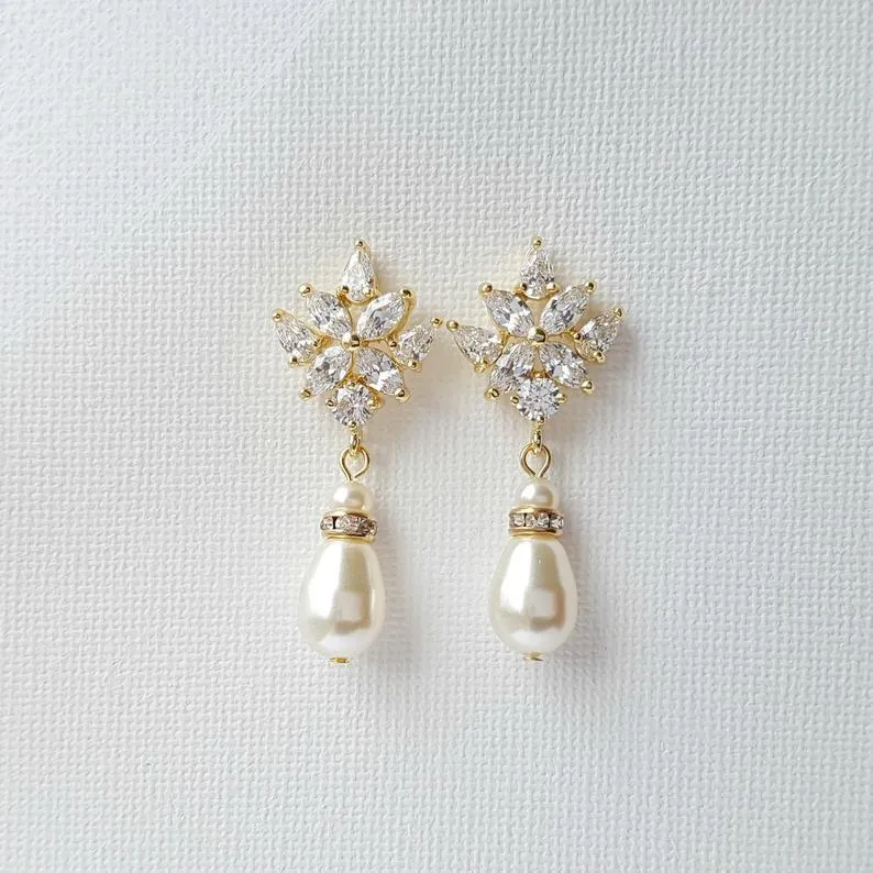 Crystal Bridal Earrings with Pearl Drops-Rosa