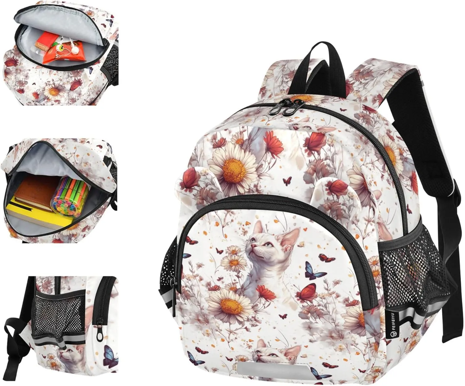Cute Ears Big Kid Backpacks Leash Boy's Girl's Anti-Lost Personalized Daycare Diaper Bag with Reflective Strip M Sweet Sphynx Cats White