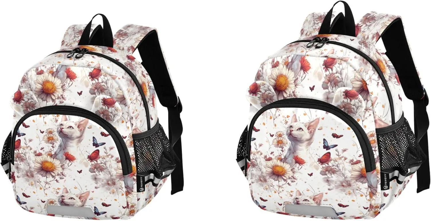 Cute Ears Big Kid Backpacks Leash Boy's Girl's Anti-Lost Personalized Daycare Diaper Bag with Reflective Strip M Sweet Sphynx Cats White