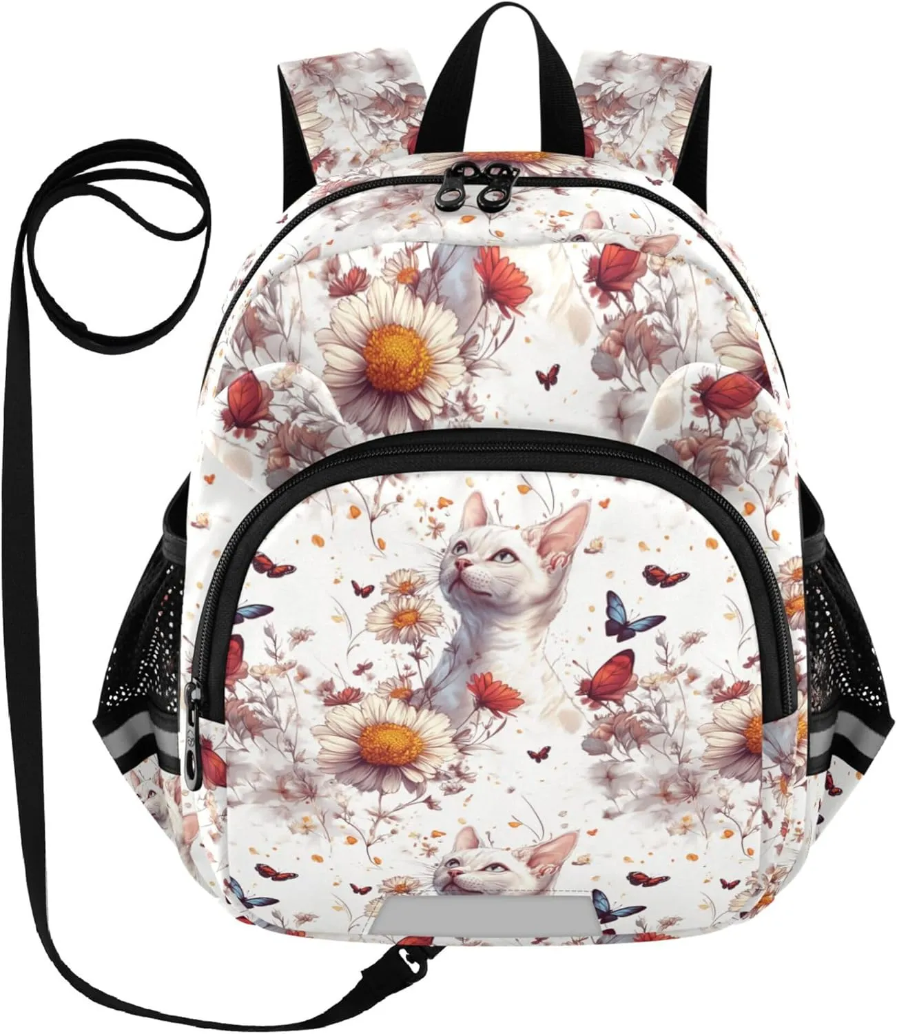 Cute Ears Big Kid Backpacks Leash Boy's Girl's Anti-Lost Personalized Daycare Diaper Bag with Reflective Strip M Sweet Sphynx Cats White