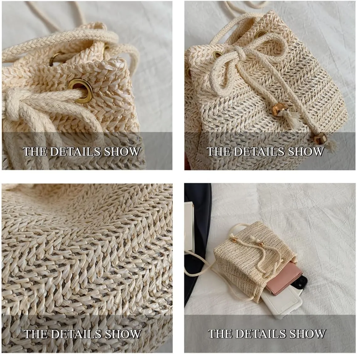 Cute Purse Trendy 2025 Summer Y2k Beach Crochet Bucket Bags Drawstring Straw Bag Small Crossbody Purses Women