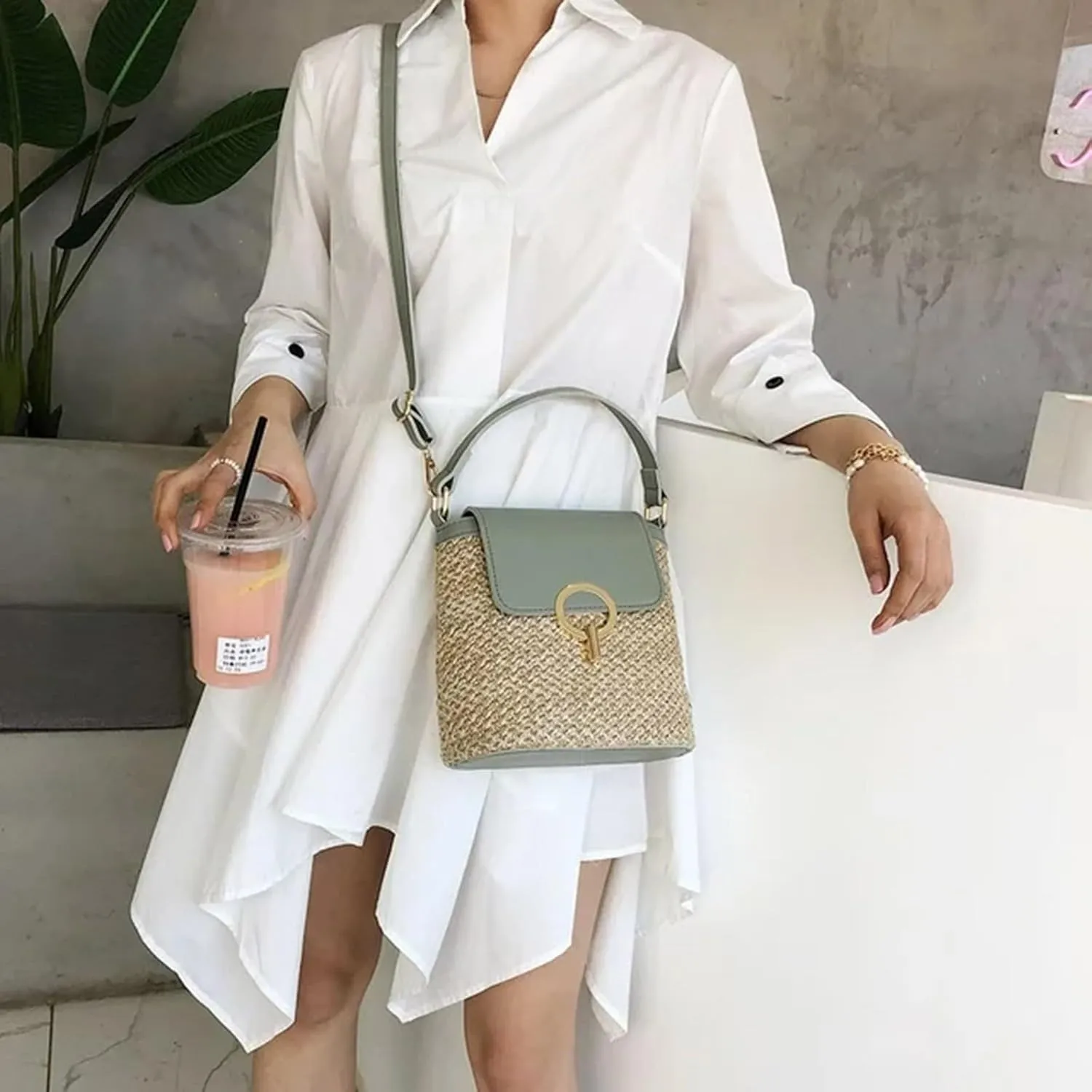 Cute Tote Bags Straw Weave Women Ladies Bucket Handbags Summer Beach Shoulder Bags