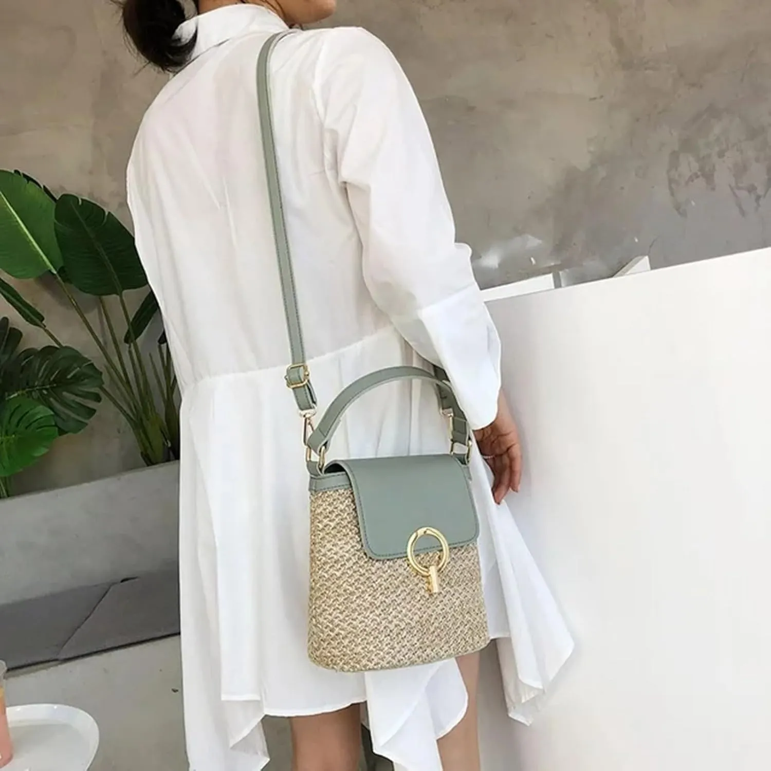 Cute Tote Bags Straw Weave Women Ladies Bucket Handbags Summer Beach Shoulder Bags