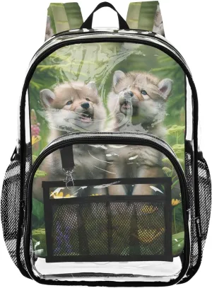 Cute Wolf Cub Floral Grass Women Clear Backpack Cute Kids Backpack Boys Girls Plastic See through Bookbag