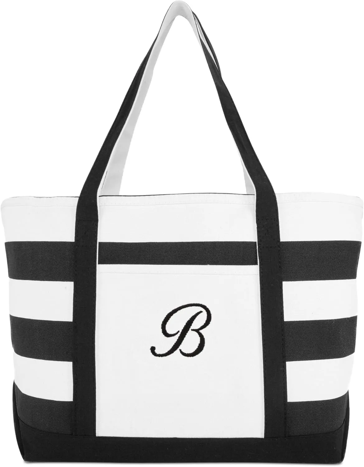 DALIX Striped Beach Bag Tote Bags Canvas Personalized Black Ballent Letter A - Z
