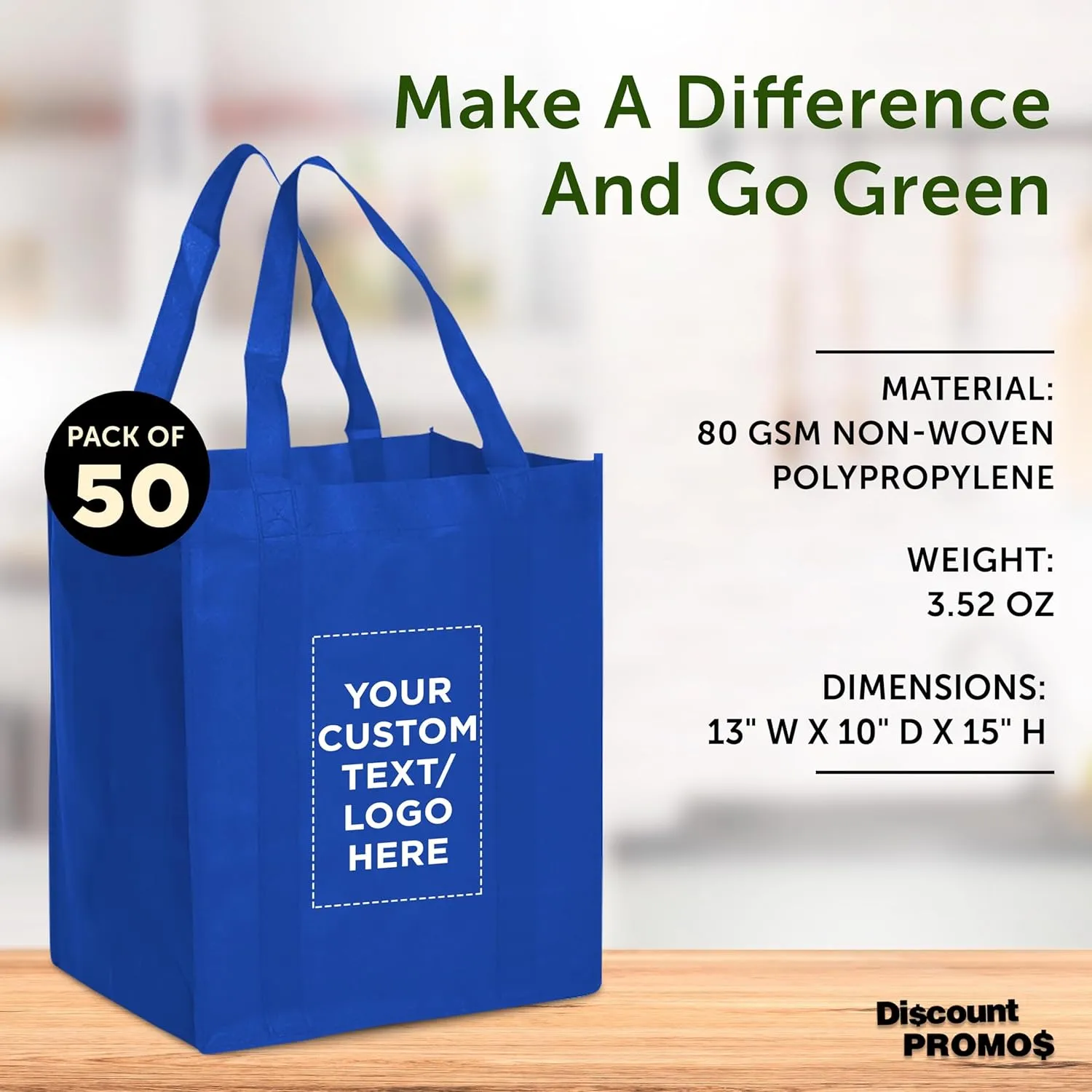 DISCOUNT PROMOS Custom Reusable Grocery Tote Bags - 50 Pack - Personalized Logo, Text - Large Handle, Heavy Duty Cloth Shopping Bag - Blue - 13"X15"X10"