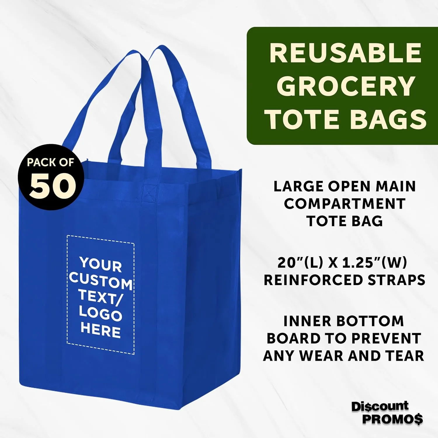 DISCOUNT PROMOS Custom Reusable Grocery Tote Bags - 50 Pack - Personalized Logo, Text - Large Handle, Heavy Duty Cloth Shopping Bag - Blue - 13"X15"X10"