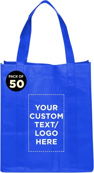 DISCOUNT PROMOS Custom Reusable Grocery Tote Bags - 50 Pack - Personalized Logo, Text - Large Handle, Heavy Duty Cloth Shopping Bag - Blue - 13"X15"X10"