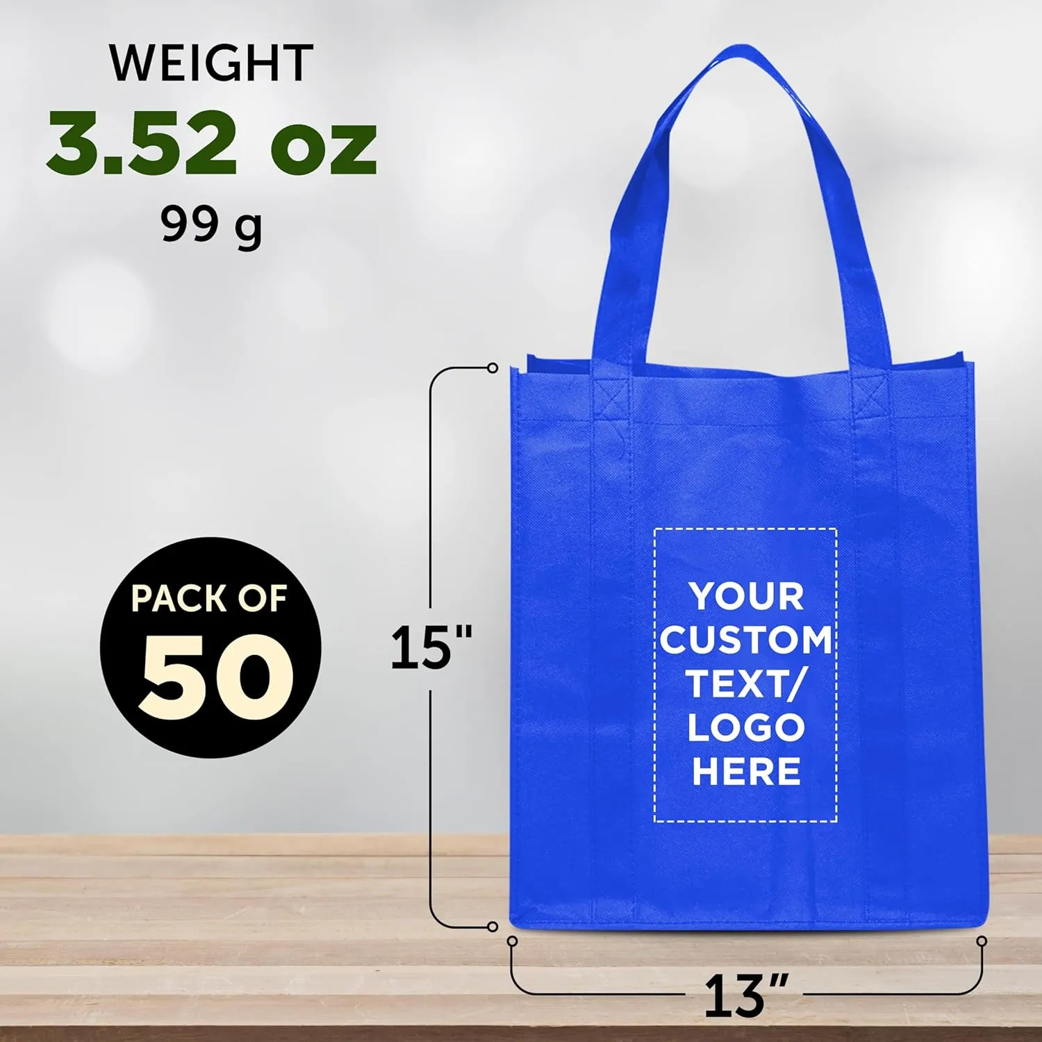 DISCOUNT PROMOS Custom Reusable Grocery Tote Bags - 50 Pack - Personalized Logo, Text - Large Handle, Heavy Duty Cloth Shopping Bag - Blue - 13"X15"X10"