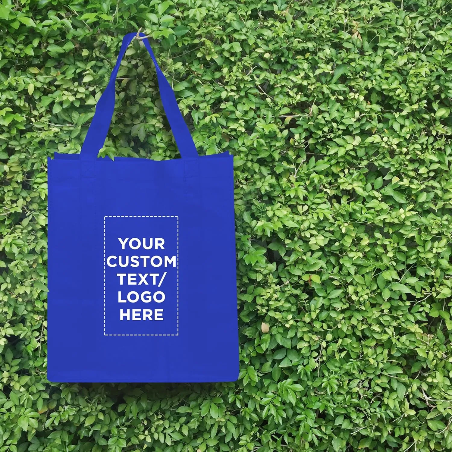 DISCOUNT PROMOS Custom Reusable Grocery Tote Bags - 50 Pack - Personalized Logo, Text - Large Handle, Heavy Duty Cloth Shopping Bag - Blue - 13"X15"X10"