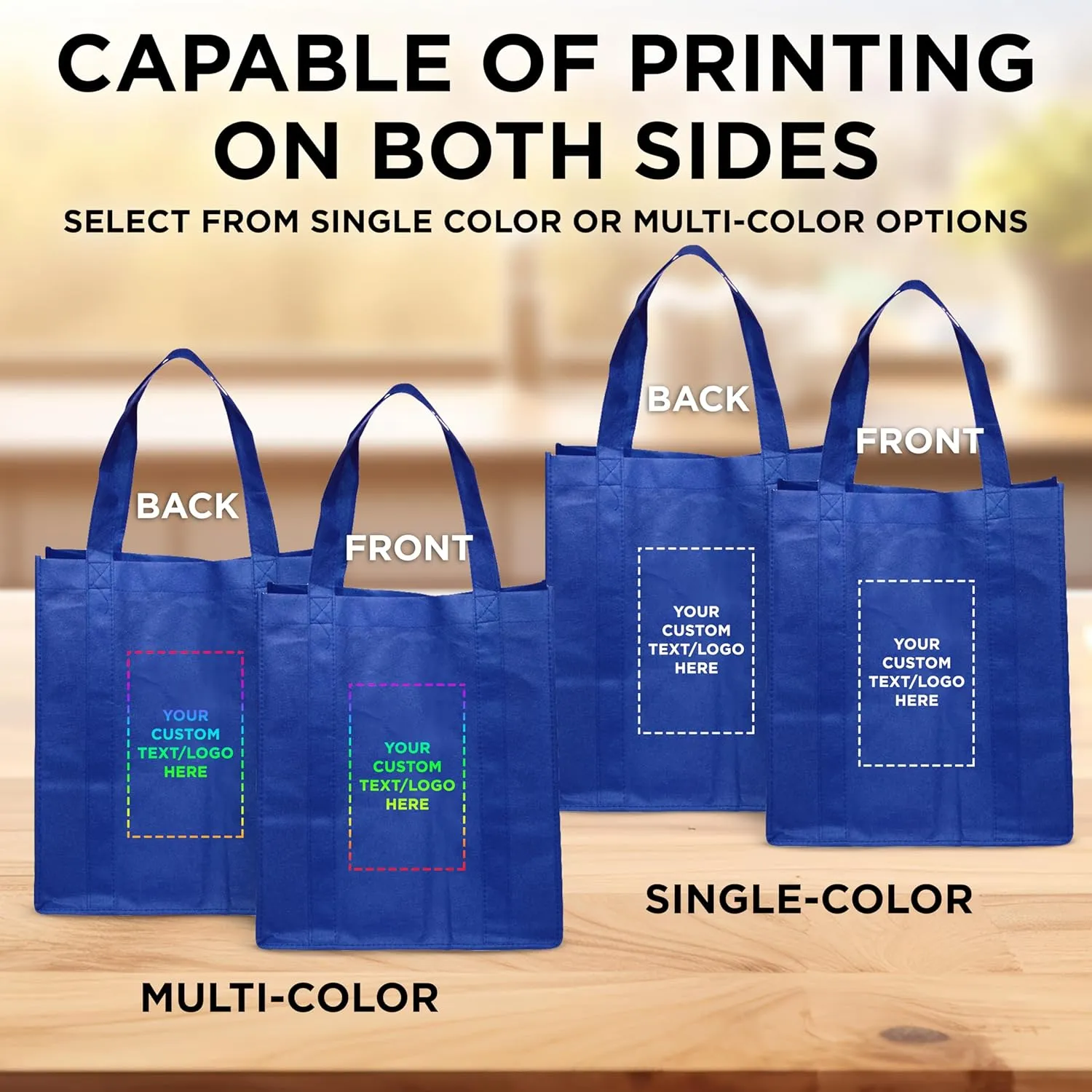 DISCOUNT PROMOS Custom Reusable Grocery Tote Bags - 50 Pack - Personalized Logo, Text - Large Handle, Heavy Duty Cloth Shopping Bag - Blue - 13"X15"X10"