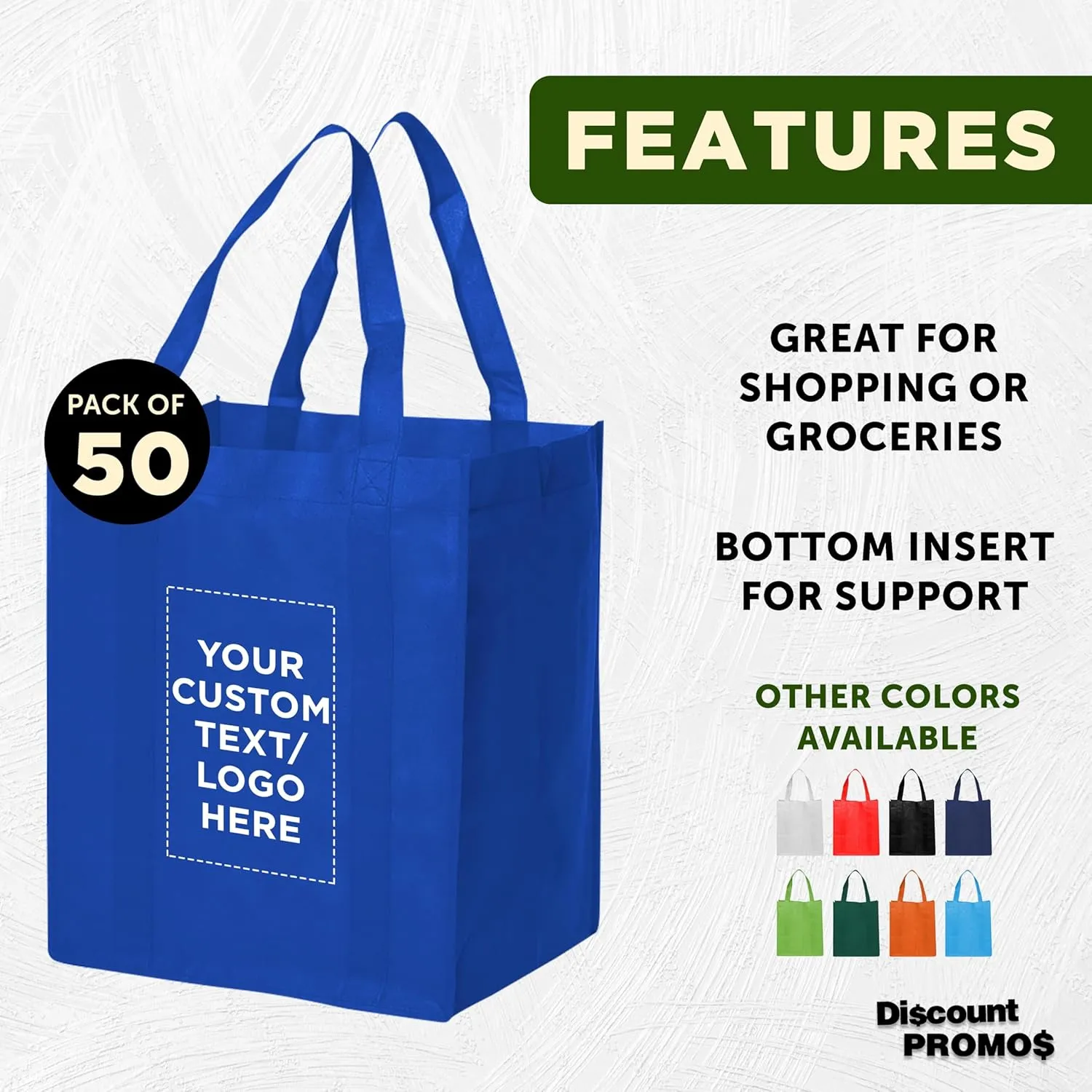 DISCOUNT PROMOS Custom Reusable Grocery Tote Bags - 50 Pack - Personalized Logo, Text - Large Handle, Heavy Duty Cloth Shopping Bag - Blue - 13"X15"X10"