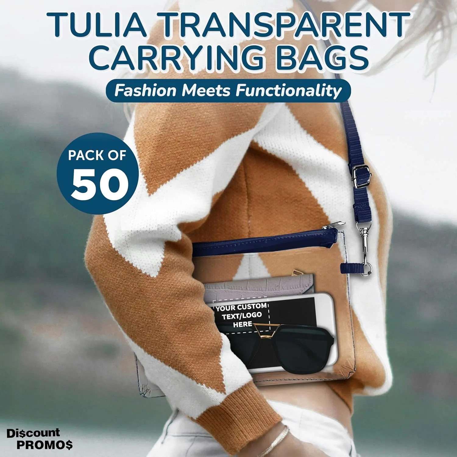 DISCOUNT PROMOS Custom Tulia Transparent Carrying Bags Set of 50, Personalized Bulk Pack - Clear Plastic, Promotional Event Essentials - Navy Blue