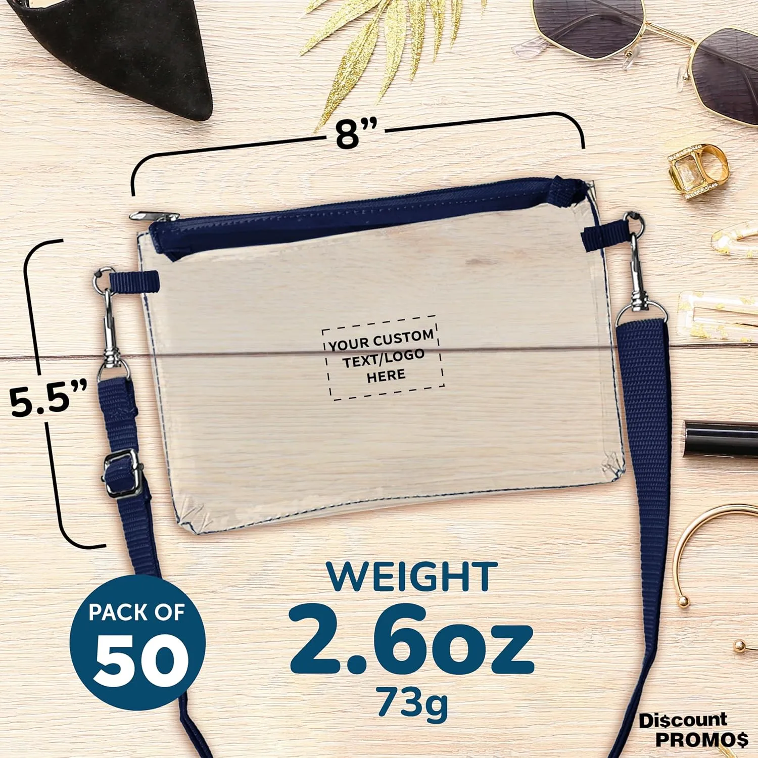 DISCOUNT PROMOS Custom Tulia Transparent Carrying Bags Set of 50, Personalized Bulk Pack - Clear Plastic, Promotional Event Essentials - Navy Blue