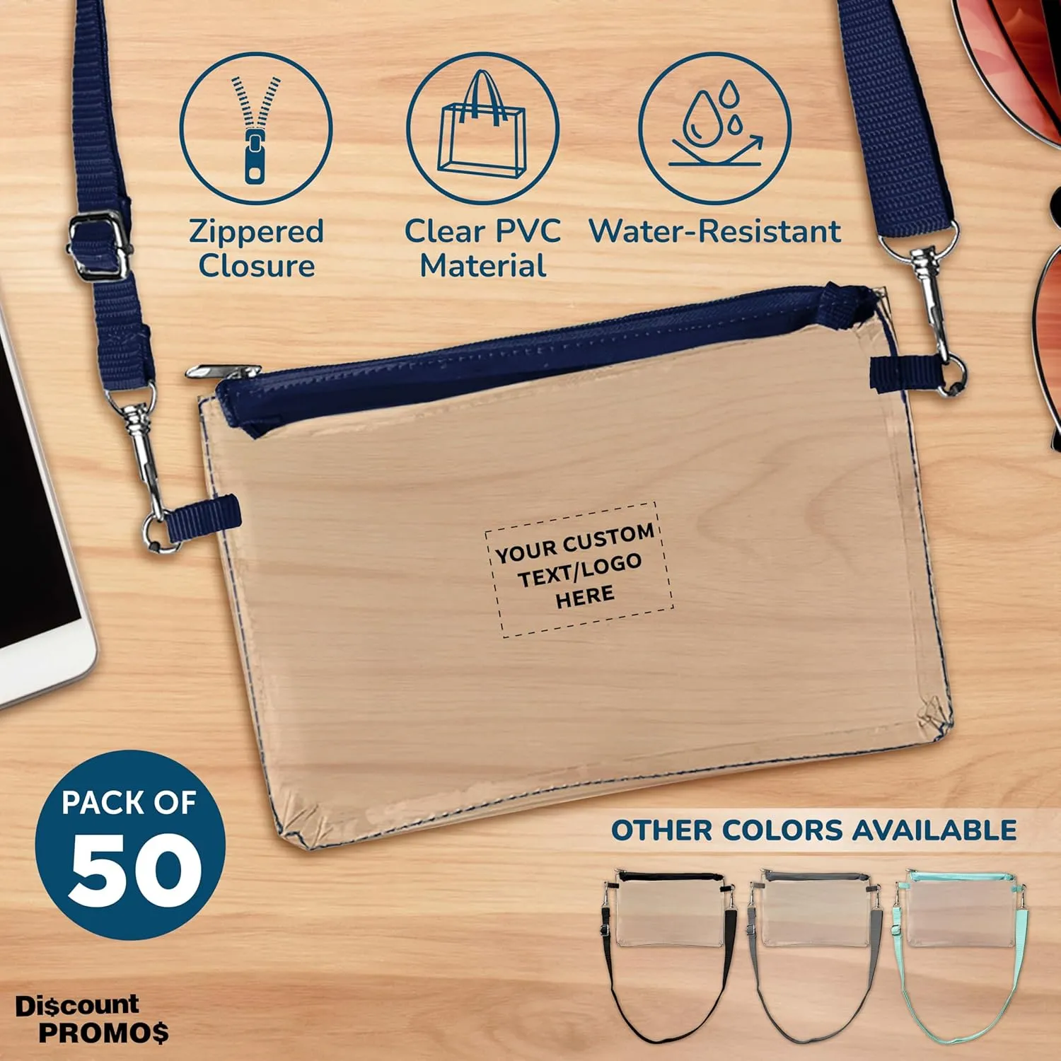 DISCOUNT PROMOS Custom Tulia Transparent Carrying Bags Set of 50, Personalized Bulk Pack - Clear Plastic, Promotional Event Essentials - Navy Blue
