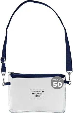 DISCOUNT PROMOS Custom Tulia Transparent Carrying Bags Set of 50, Personalized Bulk Pack - Clear Plastic, Promotional Event Essentials - Navy Blue