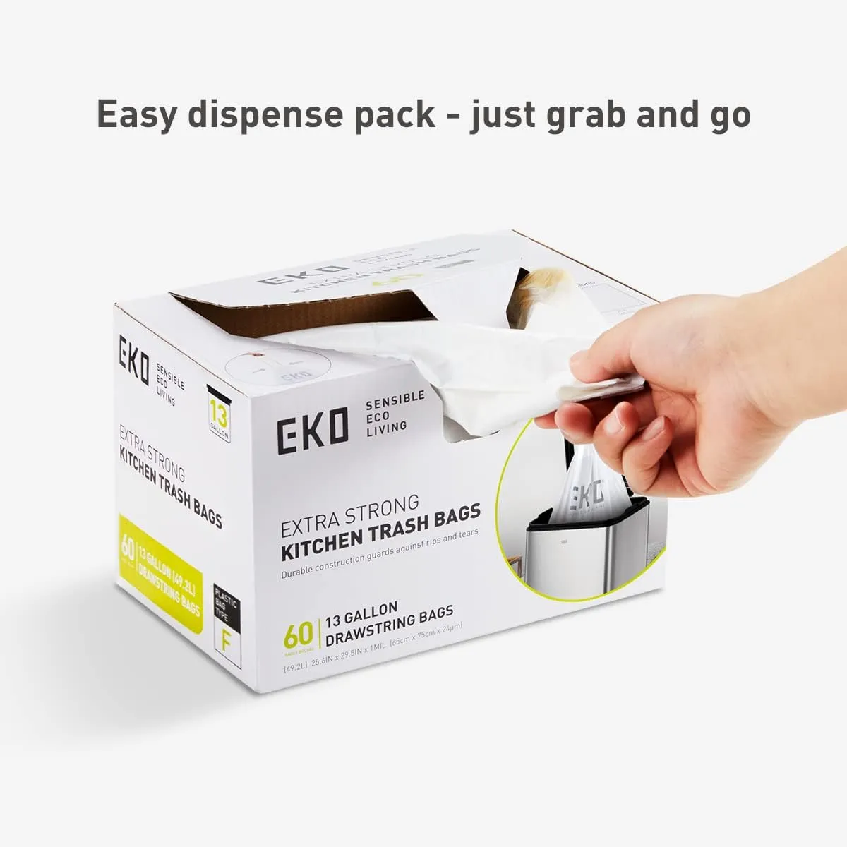 EKO Easy-Dispense Roll of 60 Count Extra-Strong Drawstring Kitchen Trash Bags - 13 Gallon Garbage Bags (40L-60L) 1 pack, Code F