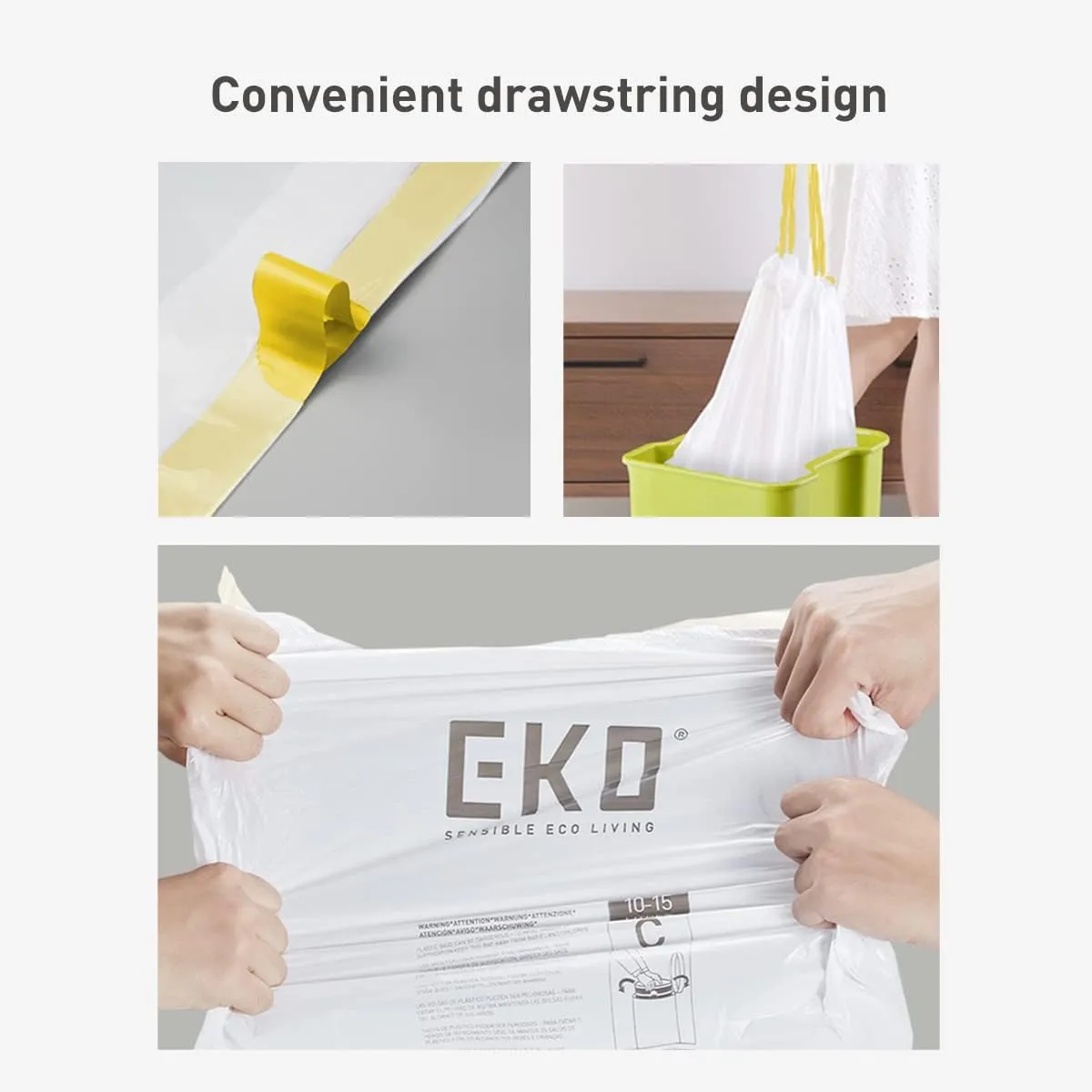 EKO Easy-Dispense Roll of 60 Count Extra-Strong Drawstring Kitchen Trash Bags - 13 Gallon Garbage Bags (40L-60L) 1 pack, Code F