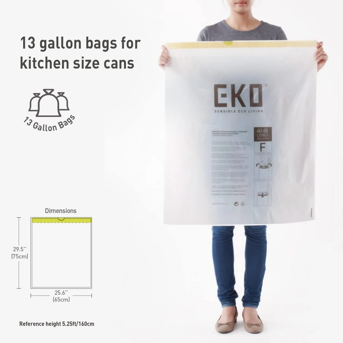 EKO Easy-Dispense Roll of 60 Count Extra-Strong Drawstring Kitchen Trash Bags - 13 Gallon Garbage Bags (40L-60L) 1 pack, Code F