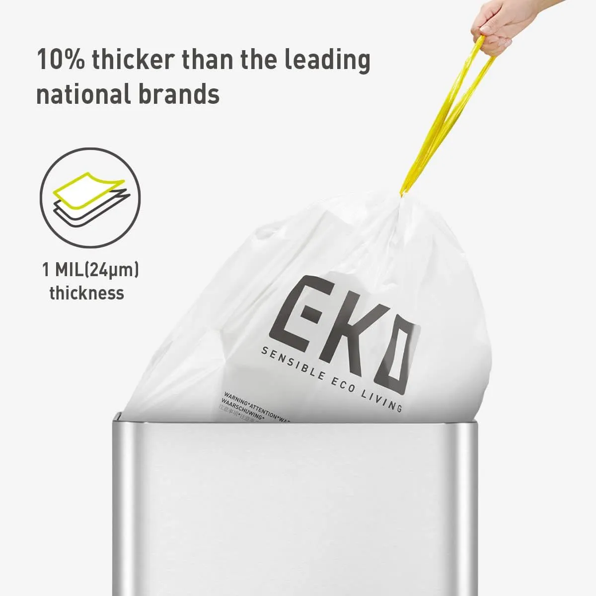 EKO Easy-Dispense Roll of 60 Count Extra-Strong Drawstring Kitchen Trash Bags - 13 Gallon Garbage Bags (40L-60L) 1 pack, Code F