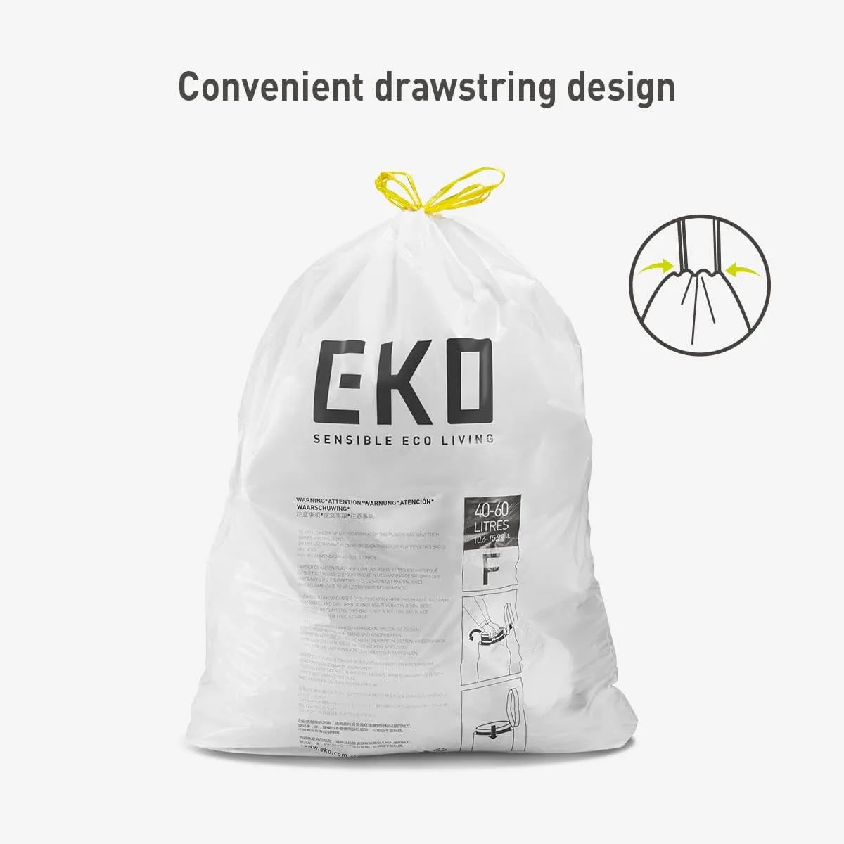 EKO Easy-Dispense Roll of 60 Count Extra-Strong Drawstring Kitchen Trash Bags - 13 Gallon Garbage Bags (40L-60L) 1 pack, Code F