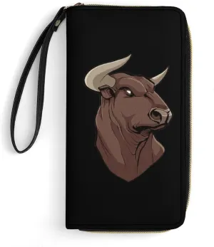 Elegant Bull Head Womens Wallet Zippered Long Clutch Purse Leather Handbag with Wristlet Strap