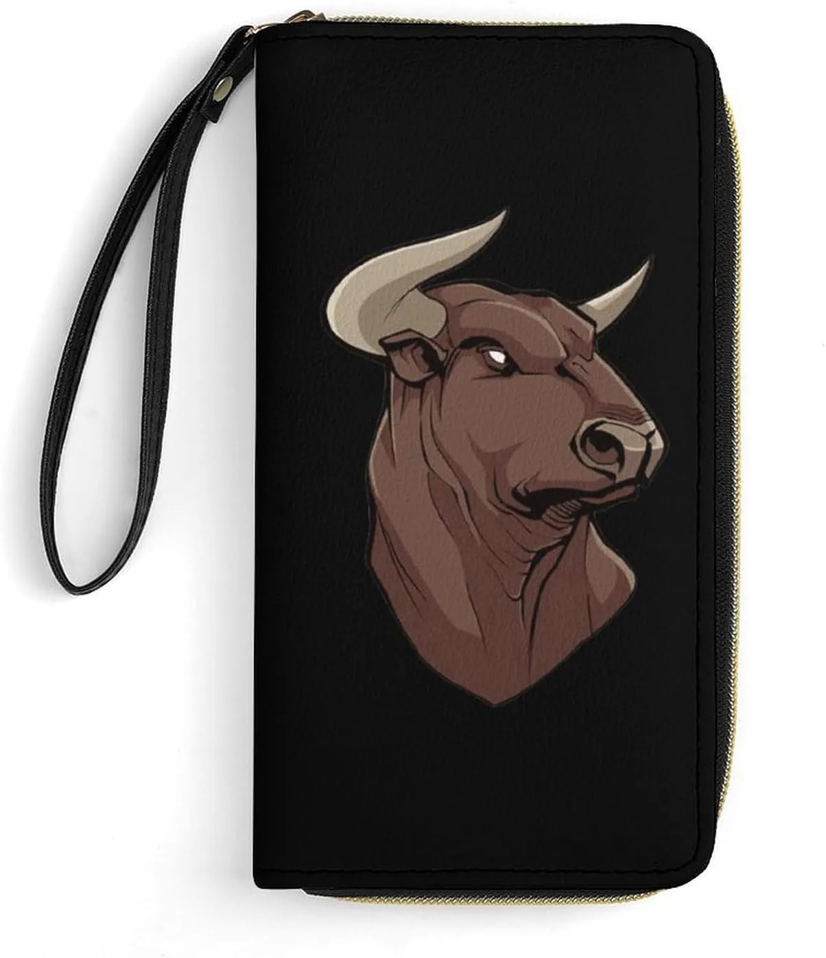 Elegant Bull Head Womens Wallet Zippered Long Clutch Purse Leather Handbag with Wristlet Strap