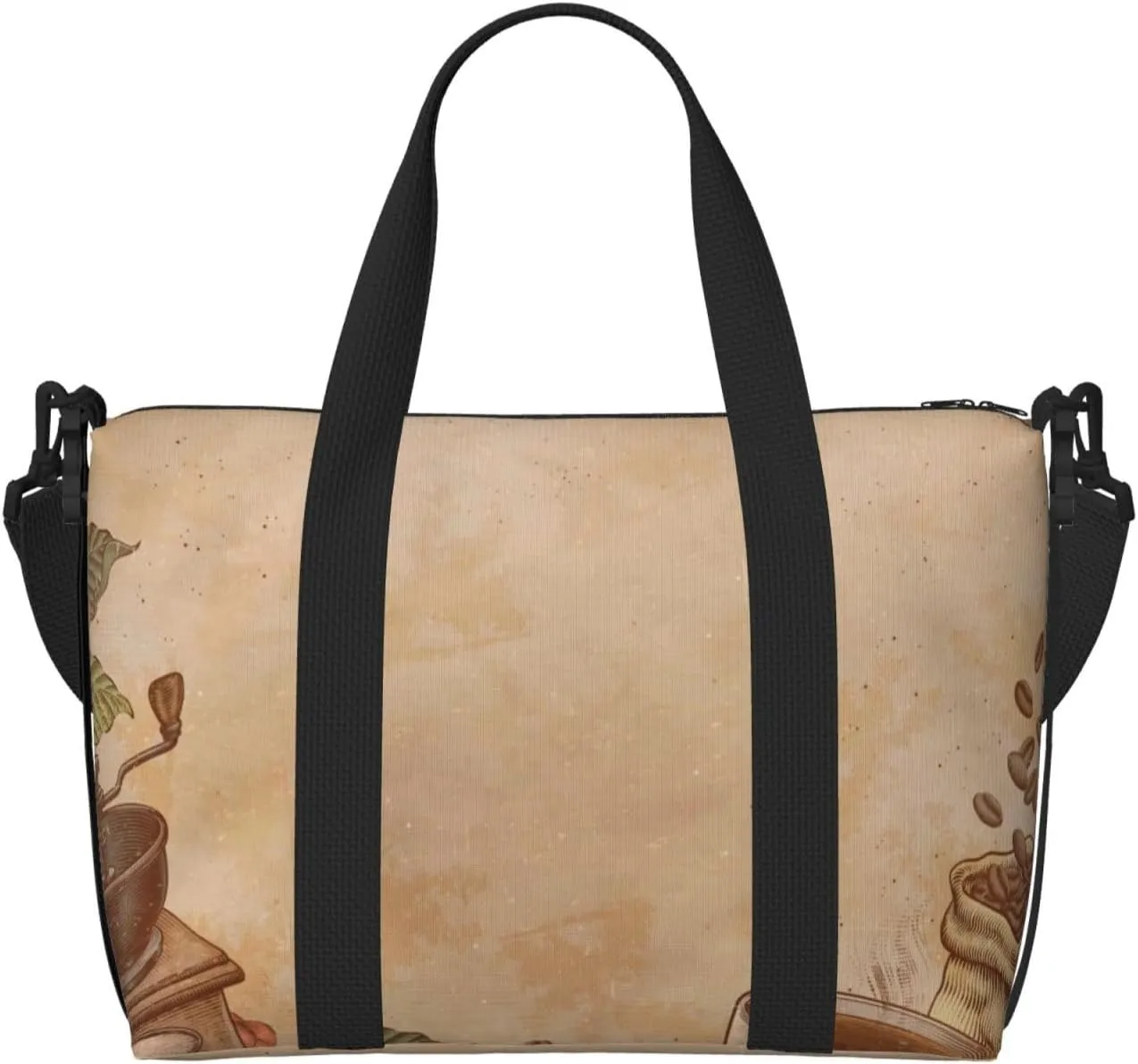Engraved Coffee On Kraft Paper Travel Bag Weekender Bags for Women Men Carry on Overnight Bag Tote Bag Yoga Gym Bag With Adjustable Straps for Gym, Work, Personal Items