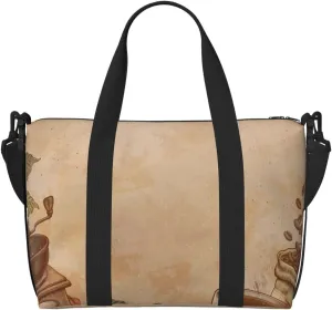 Engraved Coffee On Kraft Paper Travel Bag Weekender Bags for Women Men Carry on Overnight Bag Tote Bag Yoga Gym Bag With Adjustable Straps for Gym, Work, Personal Items