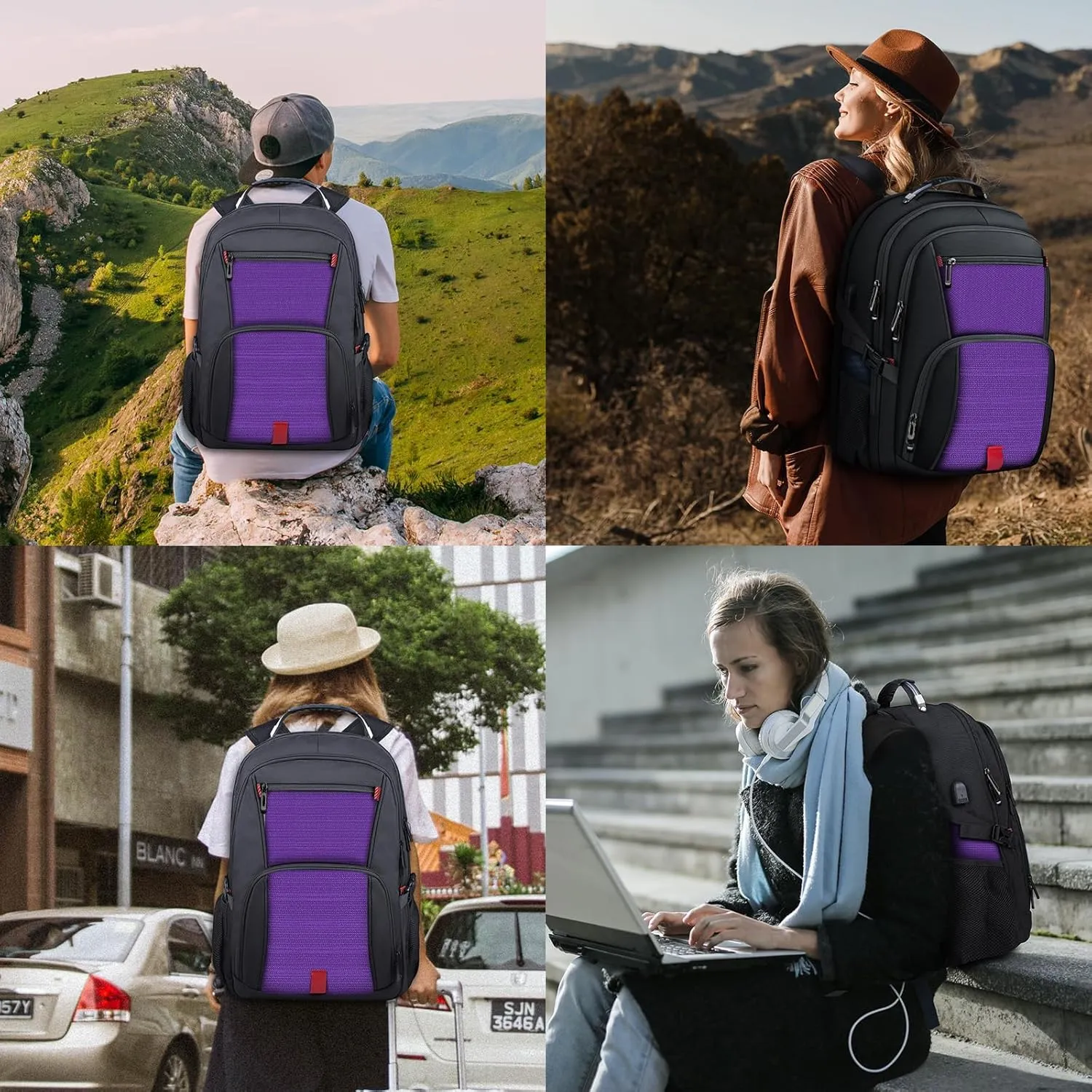 Extra Large Backpack, Travel Laptop Backpack, Sturdy TSA Water Resistant 17.3 Inch Carry on Backpacks with USB Port, Anti Theft Business Computer Backpacks Gifts for Men Women, Purple