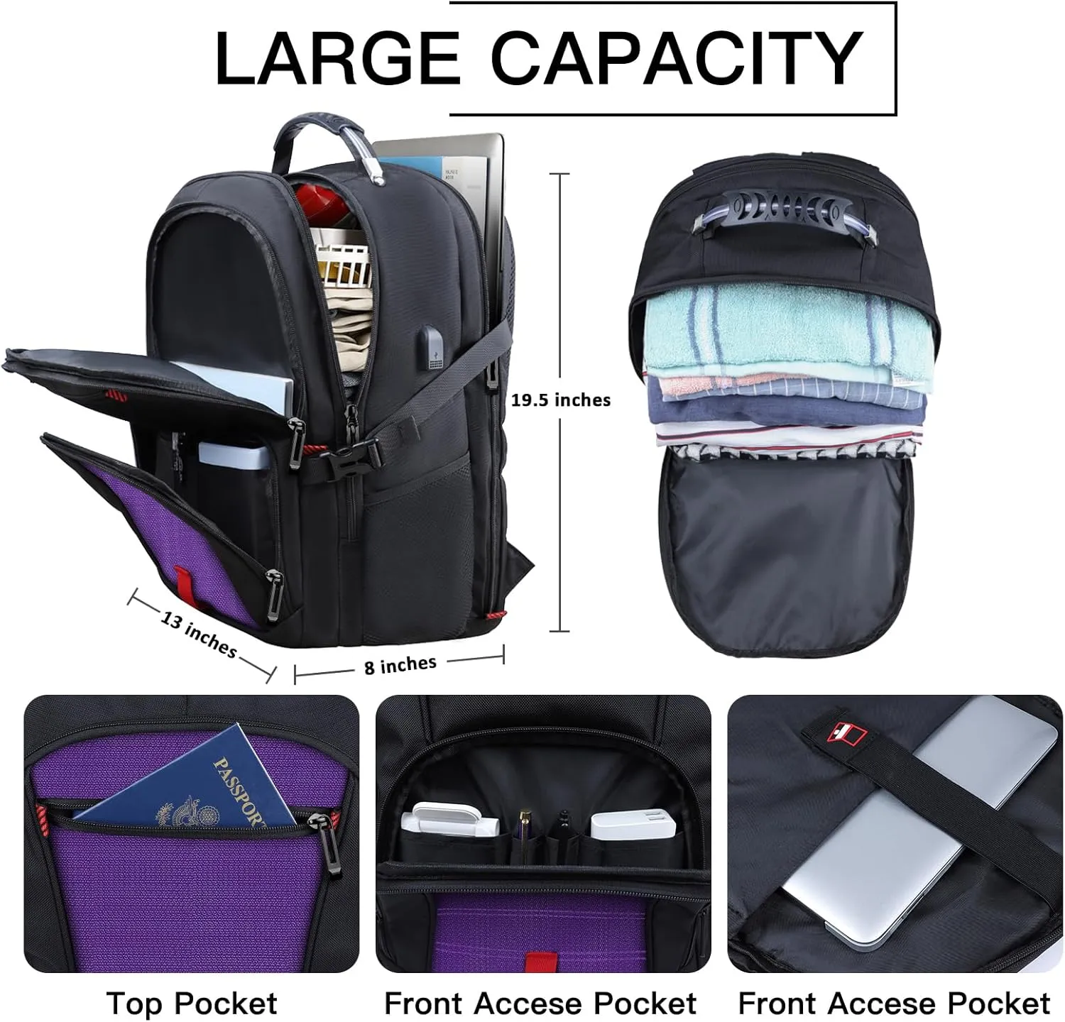 Extra Large Backpack, Travel Laptop Backpack, Sturdy TSA Water Resistant 17.3 Inch Carry on Backpacks with USB Port, Anti Theft Business Computer Backpacks Gifts for Men Women, Purple