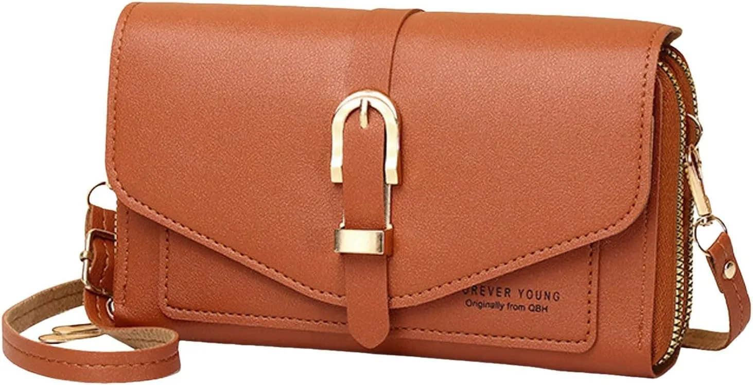Fashion Classic Women's Mobile Phone Bag Snap Button Hood One Shoulder Double Layer Wallet Crossbody (Brown, One Size)