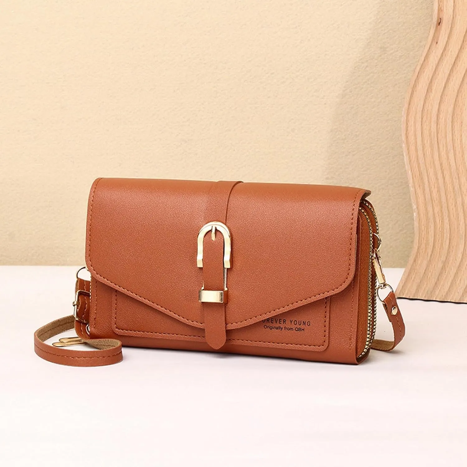 Fashion Classic Women's Mobile Phone Bag Snap Button Hood One Shoulder Double Layer Wallet Crossbody (Brown, One Size)