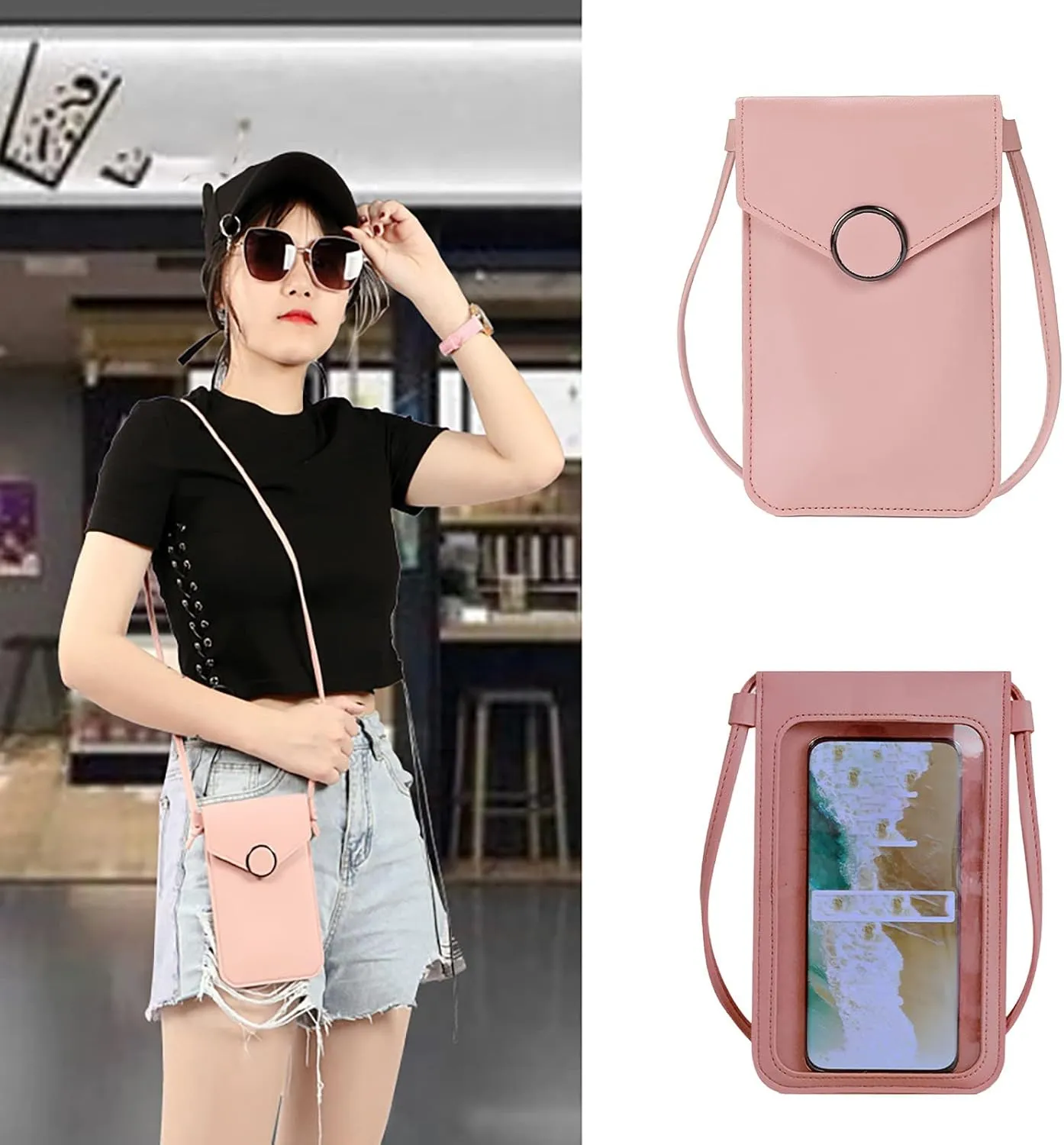 Fashion Women Artificial Leather Solid Color Hasp Transparent Operation Ccreen Phone Bag Shoulder Shoulder (F, One Size)