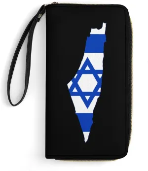 Flag Map of Israel Womens Wallet Zippered Long Clutch Purse Leather Handbag with Wristlet Strap