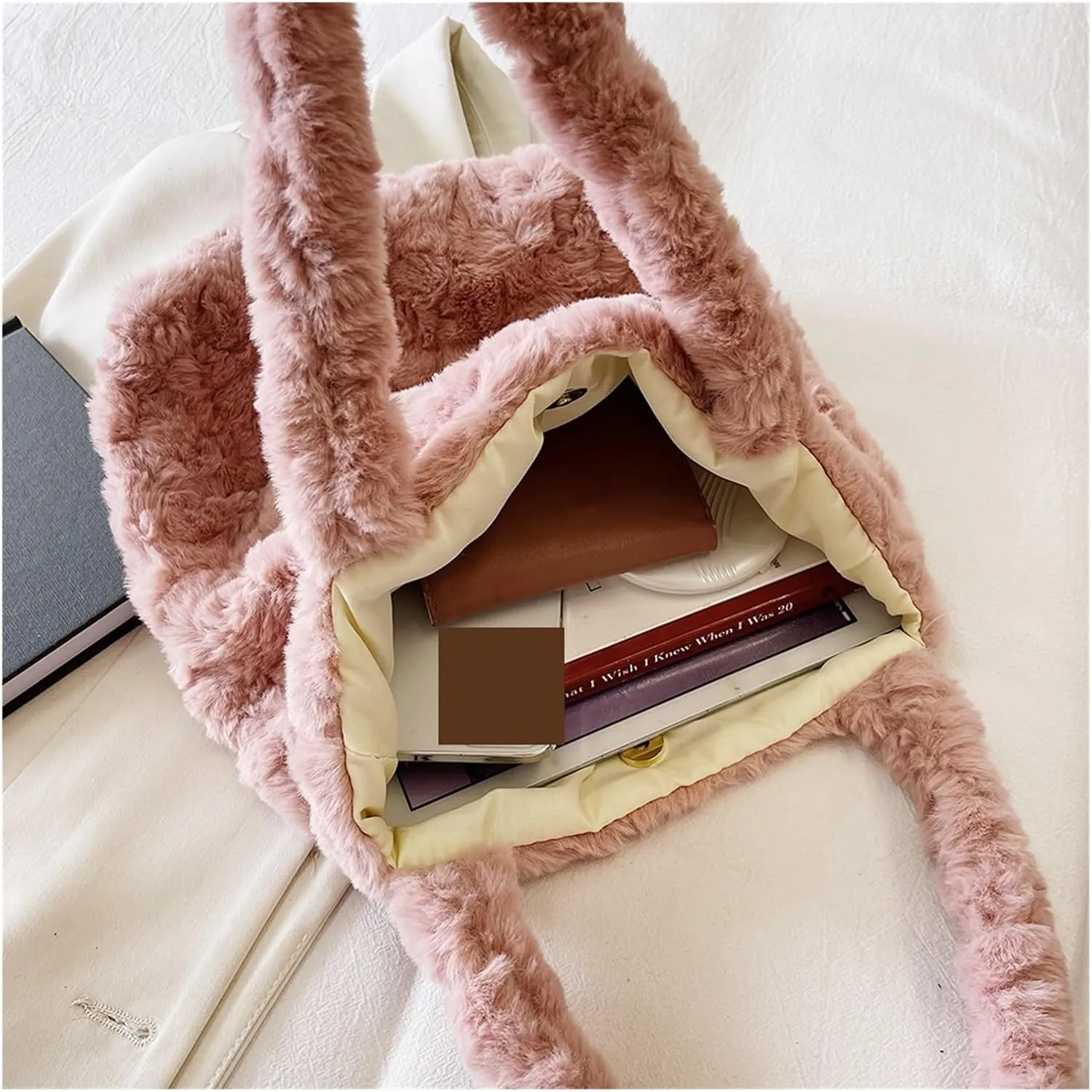 Fluffy Tote Bag Plush Women Fashion Totes Soft Fluffy Large Underarm Bag Furry Handbag(Brown)
