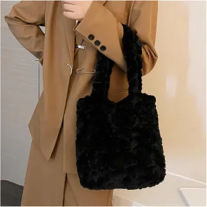 Fluffy Tote Bag Plush Women Fashion Totes Soft Fluffy Large Underarm Bag Furry Handbag(Brown)