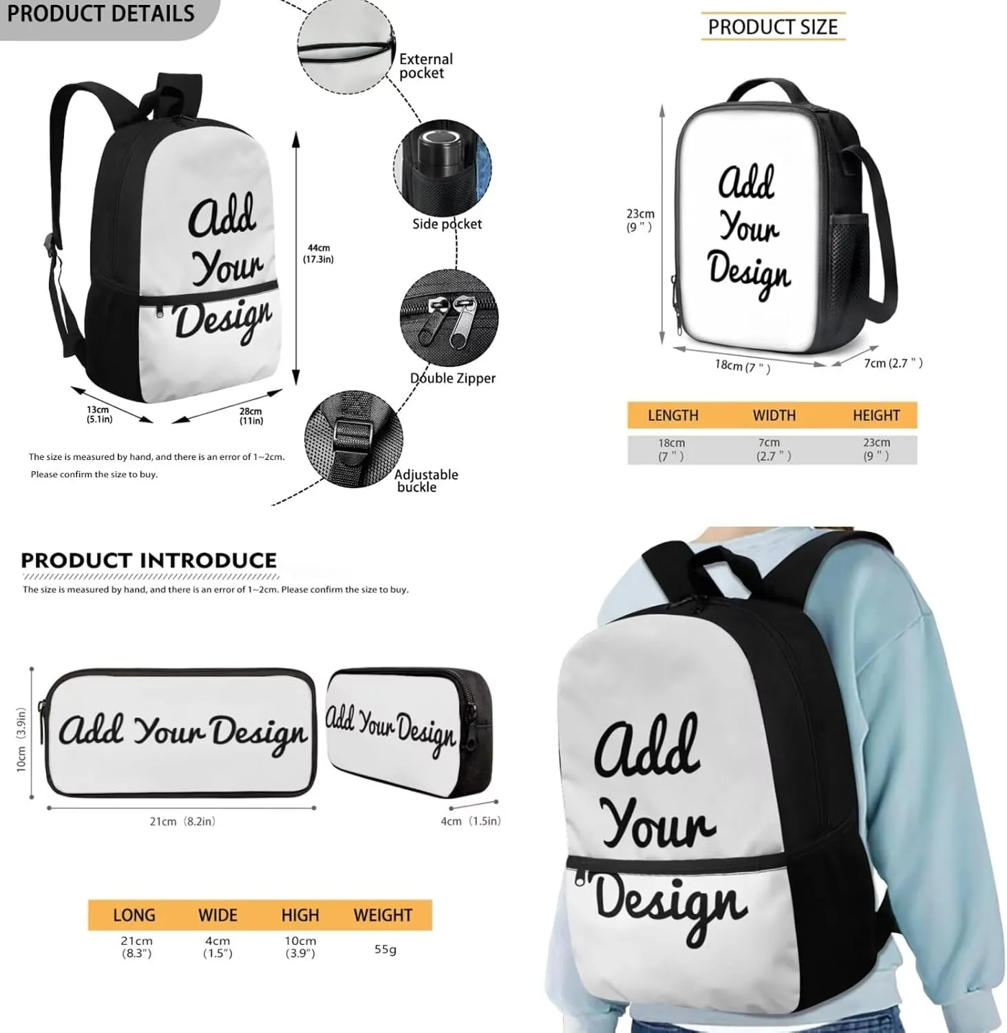 FOR U DESIGNS Custom Backpacks for Girls Insulated Lunch Bags for School Ages 10-12 Personalized Backpacks for Elementary School Book Bag and Lunch Box Set 3 Piece