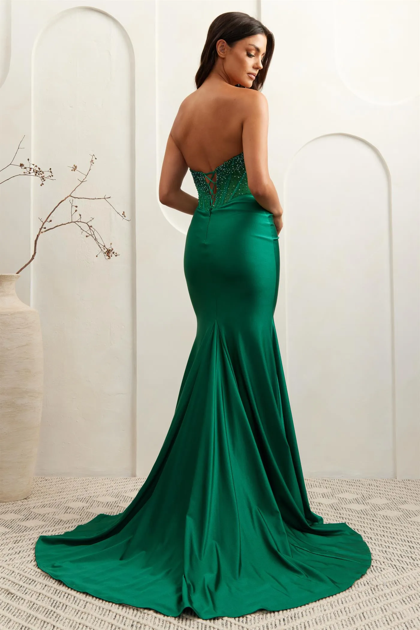 Formal Strapless Maxi Sheath Gown w/ Scoop Neckline & Structured Rhinestones Embellished Bodice AC3042