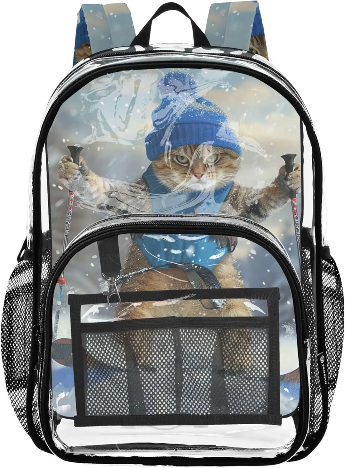 Funny Cat Skiing Cute Travel Clear Backpack Floral Kids Backpack Boys Girls Approved Plastic Bag Large