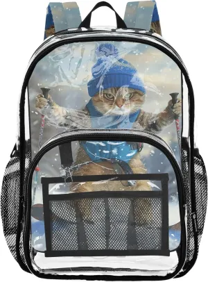 Funny Cat Skiing Cute Travel Clear Backpack Floral Kids Backpack Boys Girls Approved Plastic Bag Large