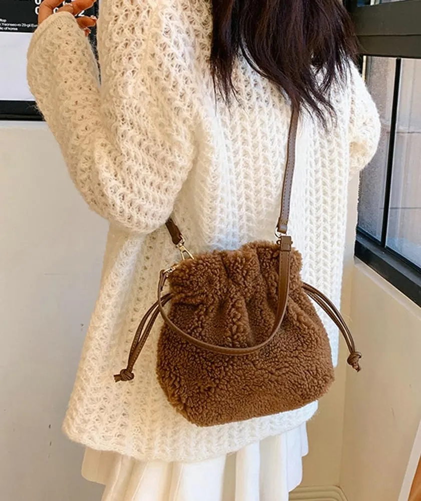 Fuzzy Plush Purse for Women Trendy Bucket Handbag Small Shoulder Crossbody Totes Cute Evening Bag with Drawstring