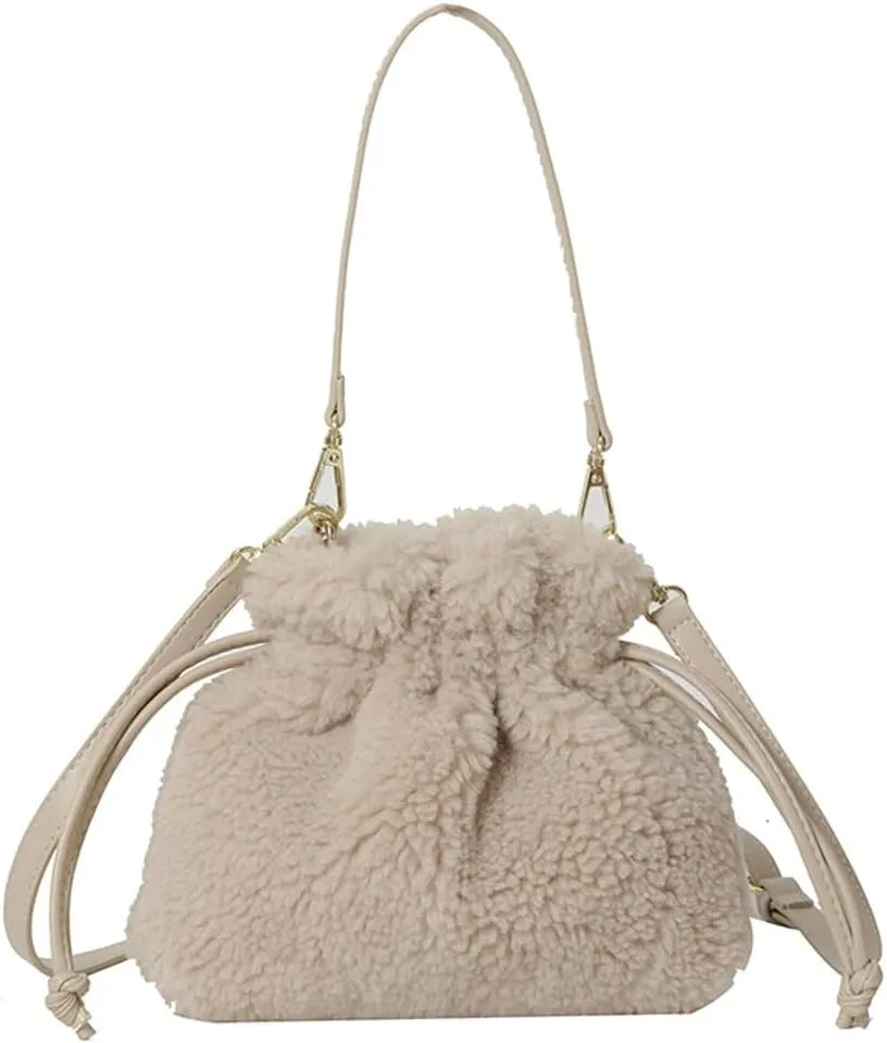 Fuzzy Plush Purse for Women Trendy Bucket Handbag Small Shoulder Crossbody Totes Cute Evening Bag with Drawstring