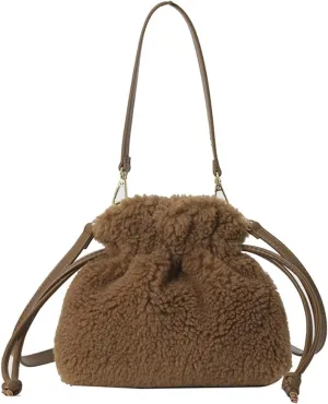 Fuzzy Plush Purse for Women Trendy Bucket Handbag Small Shoulder Crossbody Totes Cute Evening Bag with Drawstring
