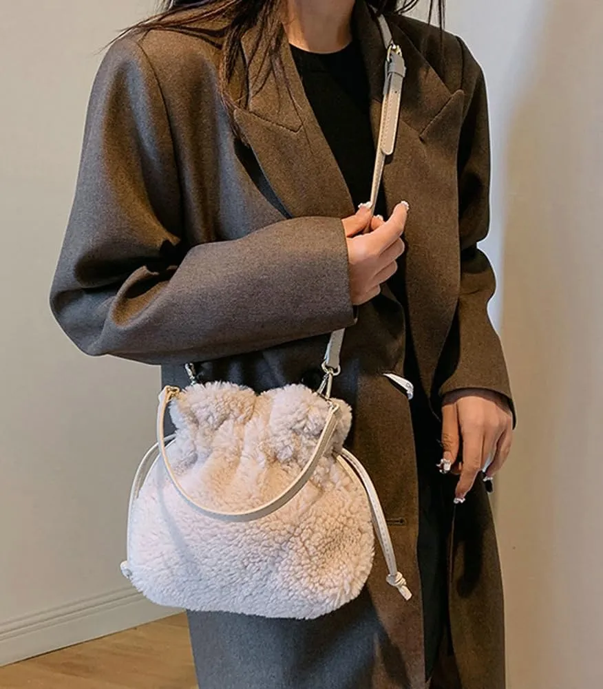 Fuzzy Plush Purse for Women Trendy Bucket Handbag Small Shoulder Crossbody Totes Cute Evening Bag with Drawstring