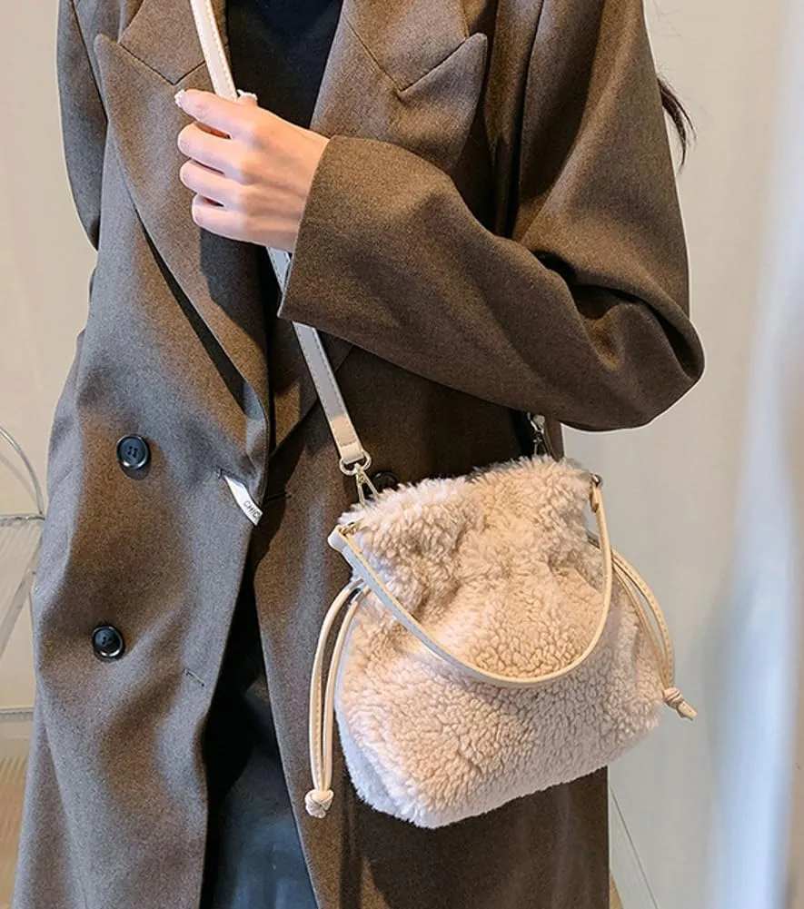 Fuzzy Plush Purse for Women Trendy Bucket Handbag Small Shoulder Crossbody Totes Cute Evening Bag with Drawstring